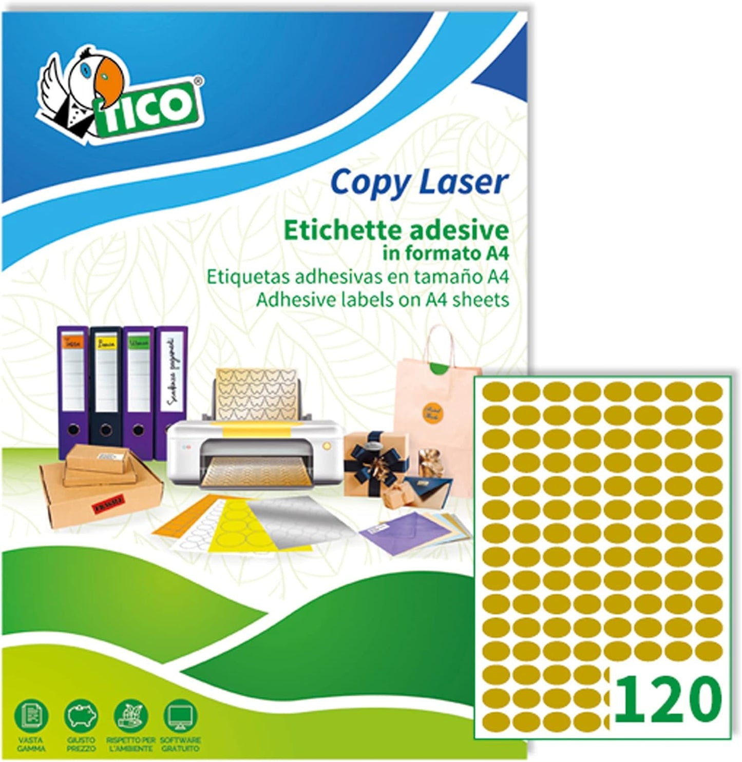 Box bollini/etichette tico A4 oro/argento 36x27mm 5000pz